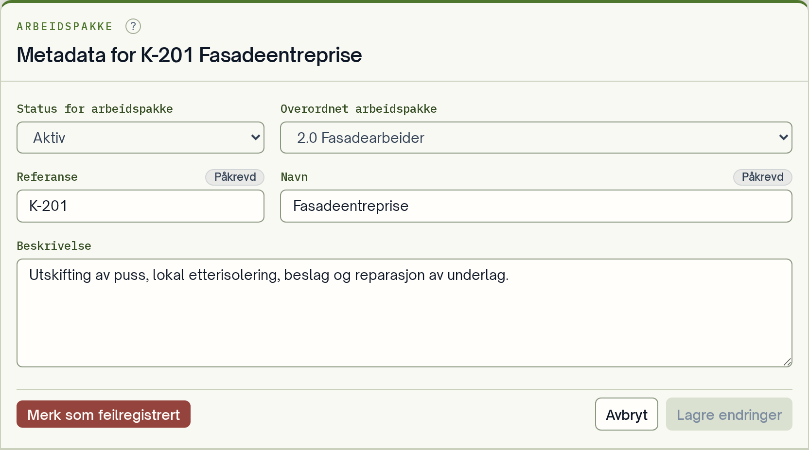 Metadata for arbeidspakken med valg av overordnet arbeidspakke.