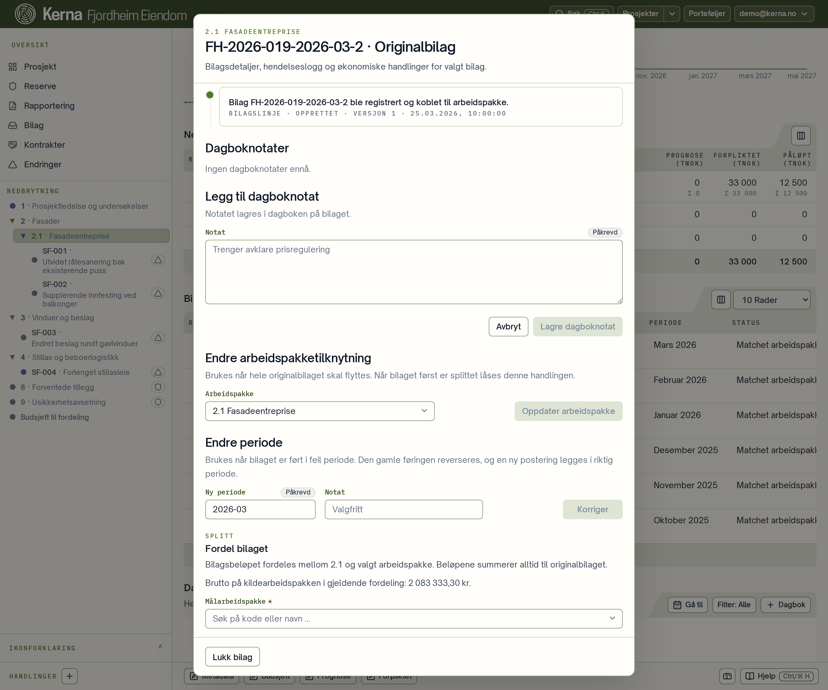 Bilagsdetaljene med valget for å endre arbeidspakketilknytning på et originalbilag.
