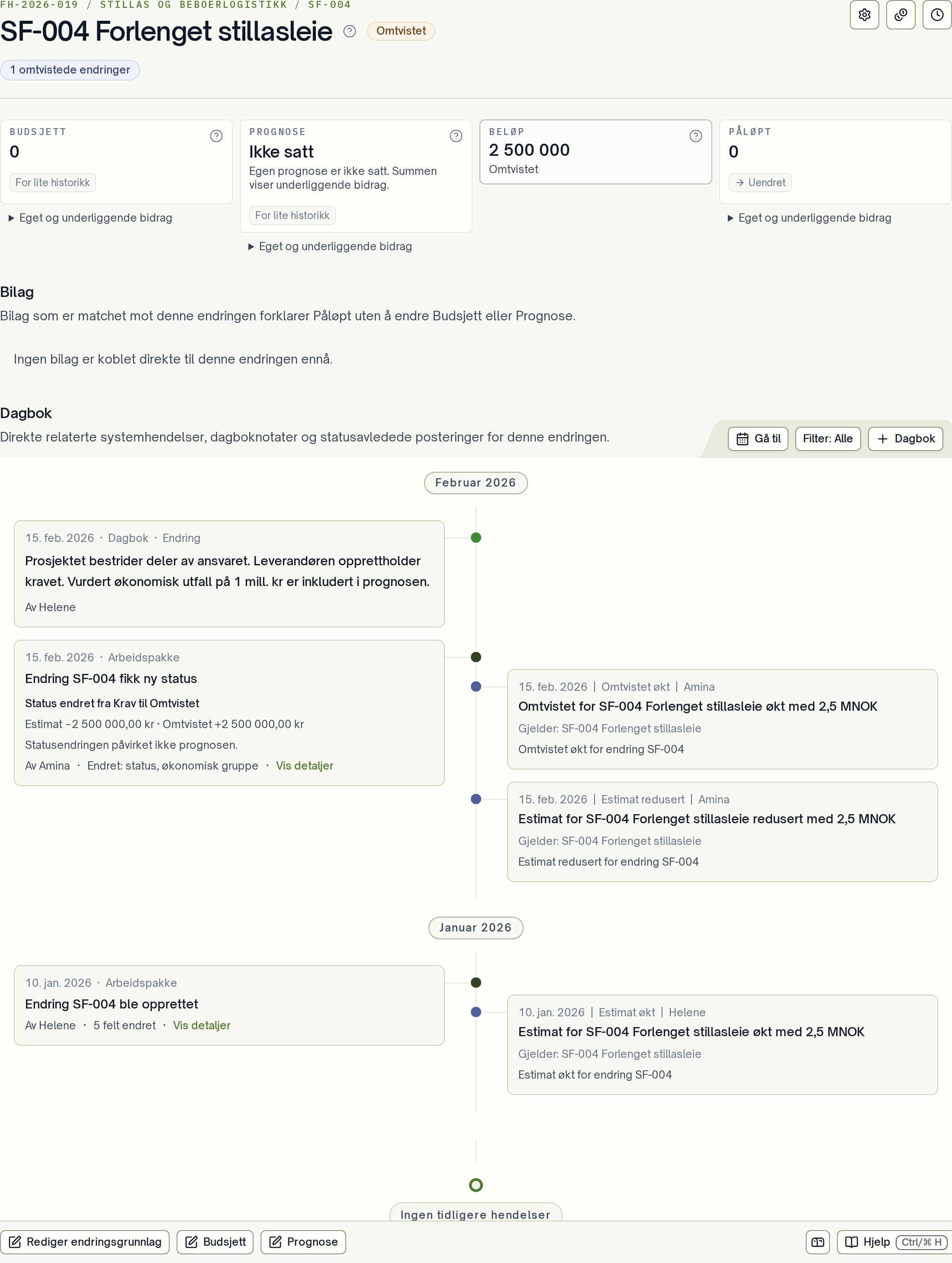 En endring med status Omtvistet, eget omtvistet beløp, beskrivelse, bilag og historikk.