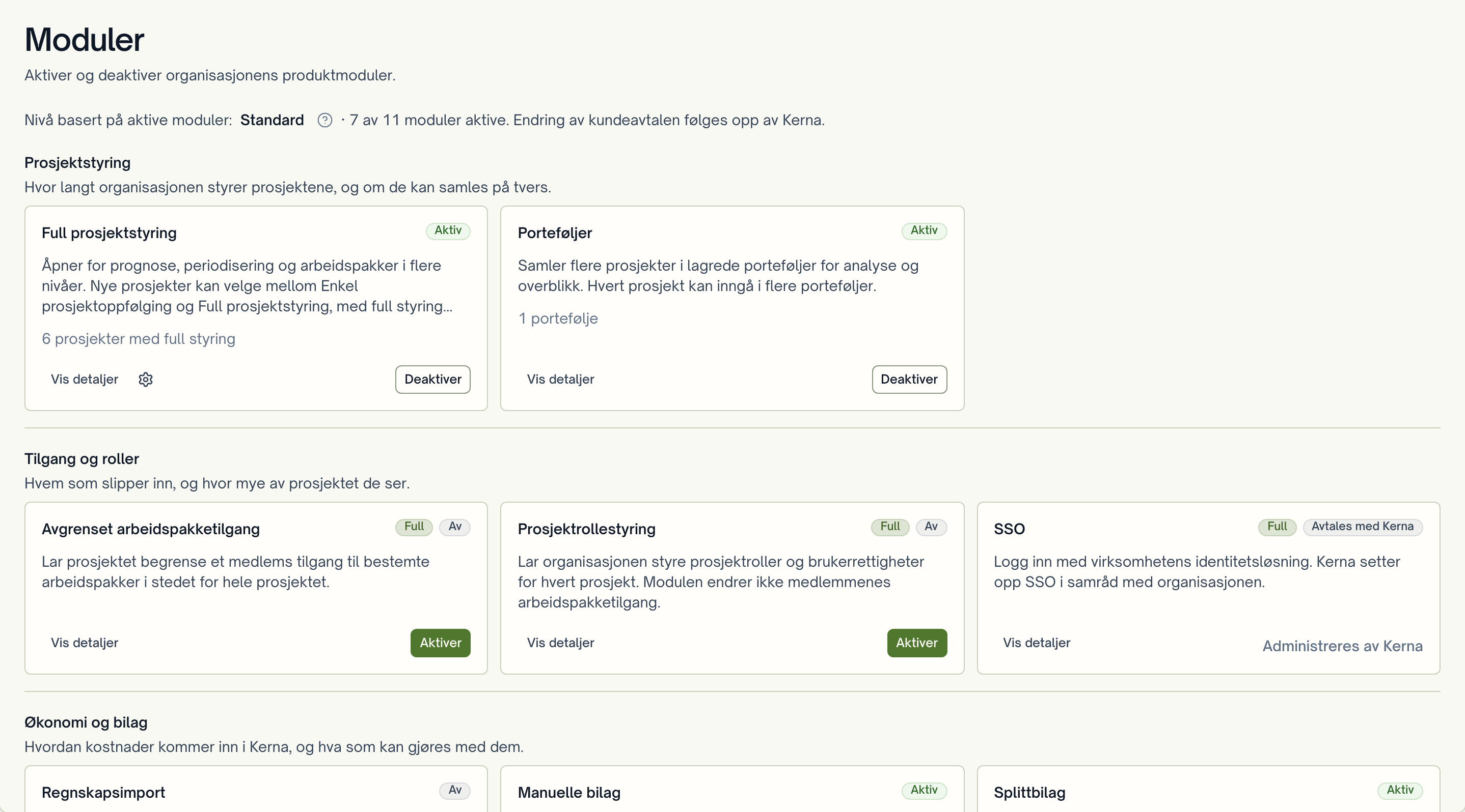 Moduloversikten med handling for Prosjektrollestyring.