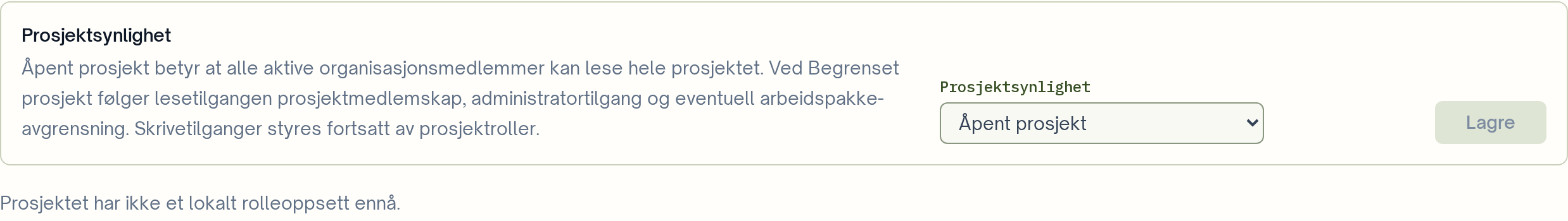Tilgangsstyringen med valget for prosjektsynlighet.