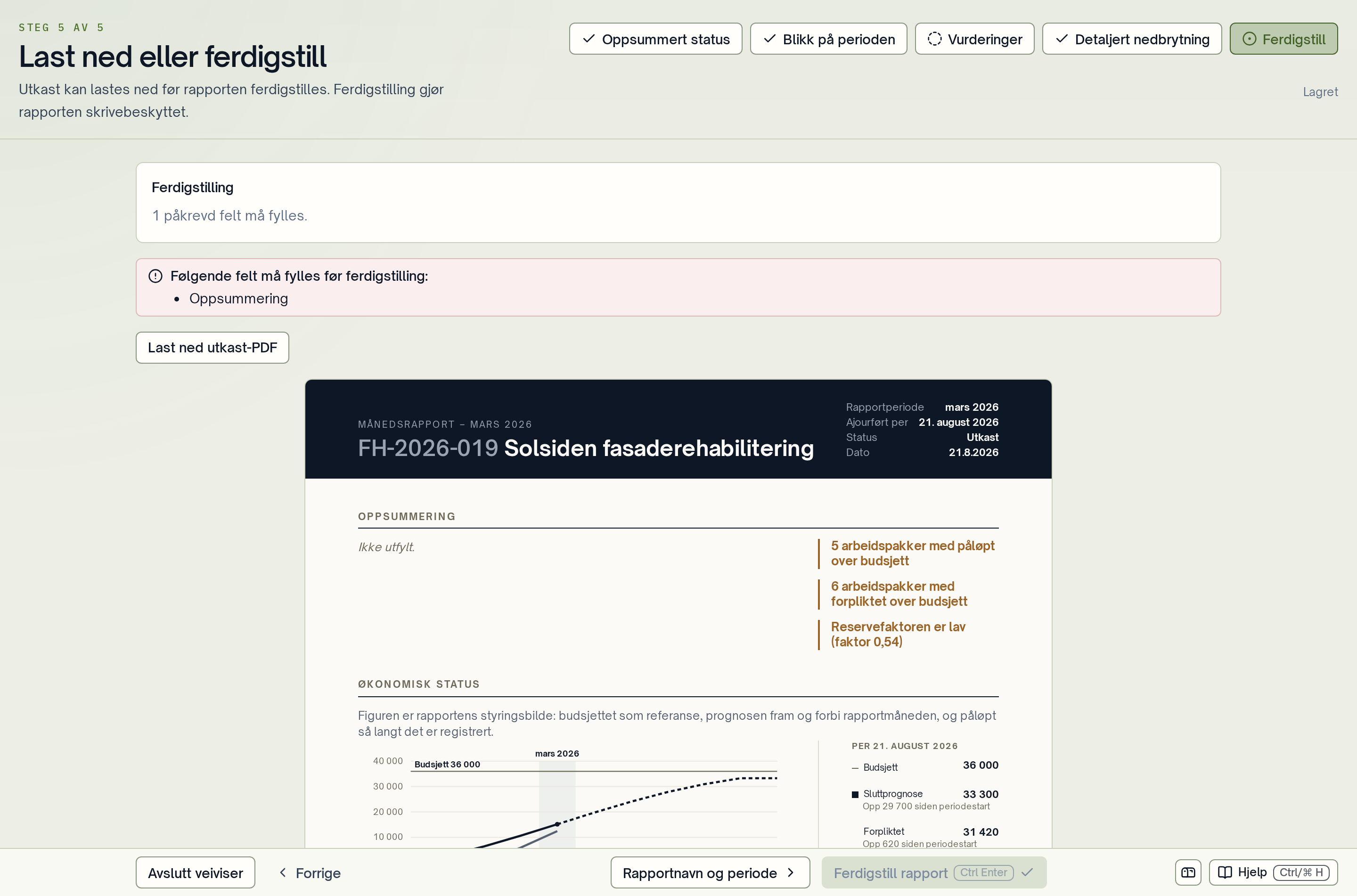 Siste steg i rapportveiviseren med nedlasting og ferdigstilling.